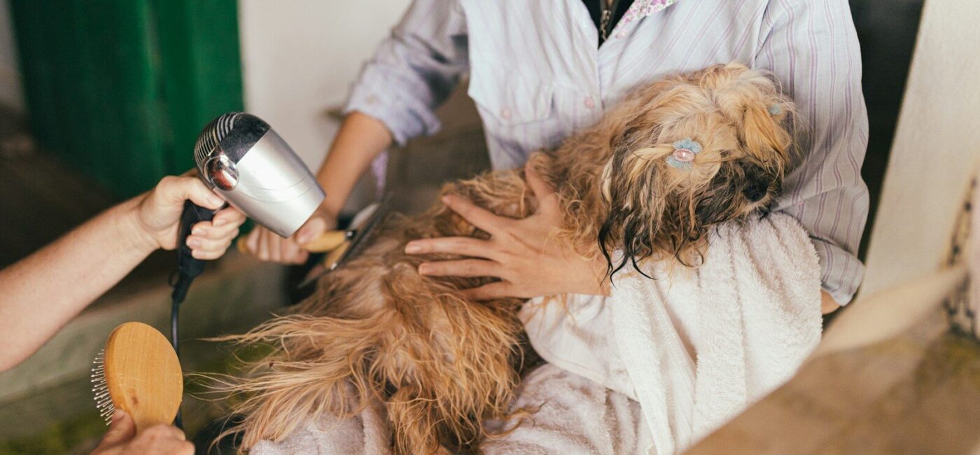 woman in white robe holding hair blower